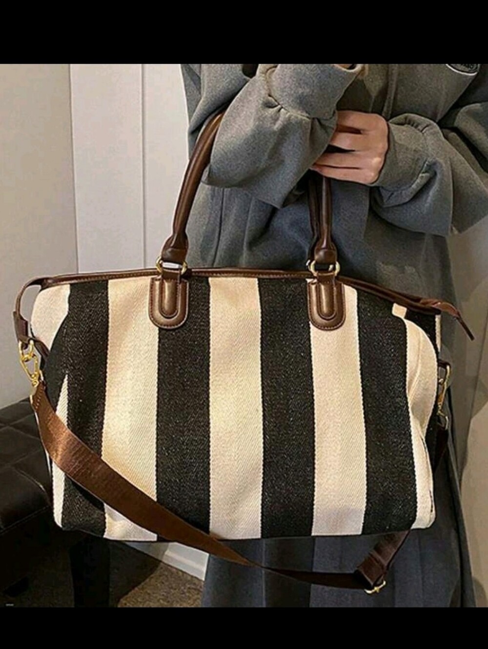Striped Canvas Weekender Bag in Black & Cream